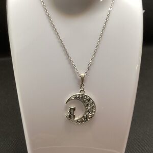 Silver Crescent Moon Cat Pendant Necklace